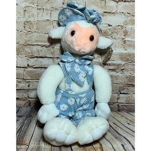 Vintage Kuddle Me Toys Lamb Plush Stuffed Animal Gingham Daisy Overalls Hat Tie